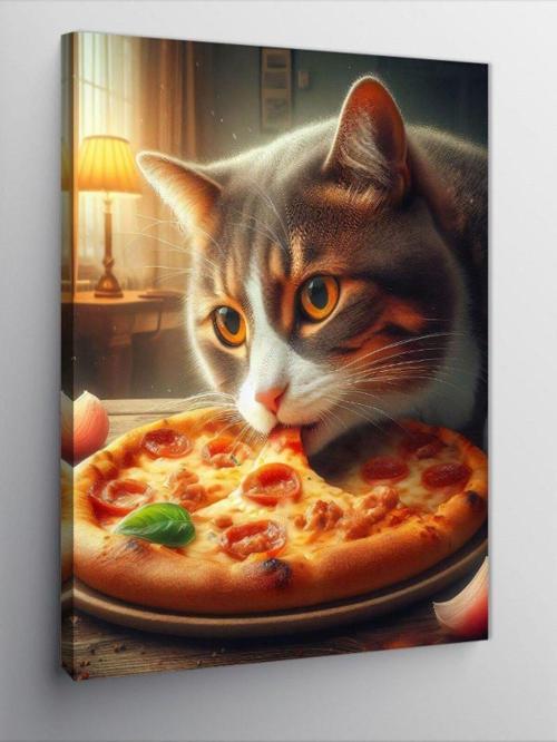 Kanvas Tablo Pizza Yiyen Kedi