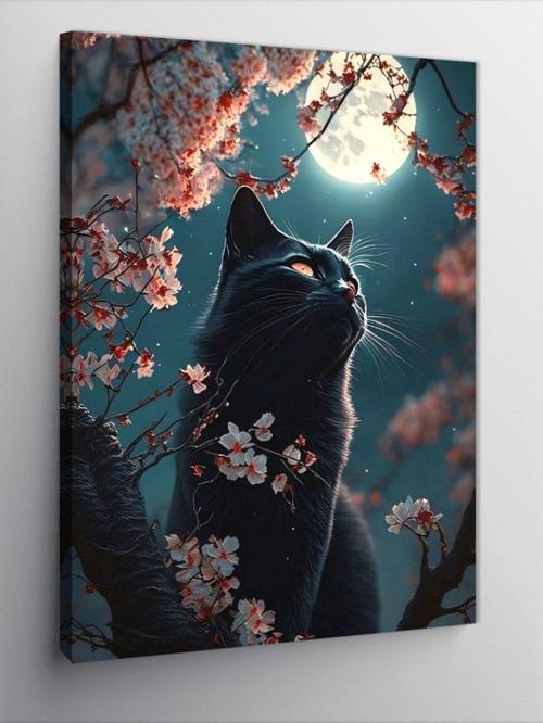 Kanvas Tablo Siyah Kedi Ve Ay