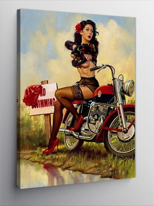 Kanvas Tablo Motosikletli Pin Up Kızı