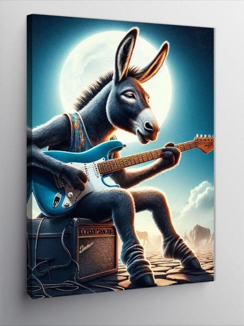 Kanvas Tablo Elektro Gitar Çalan Eşek