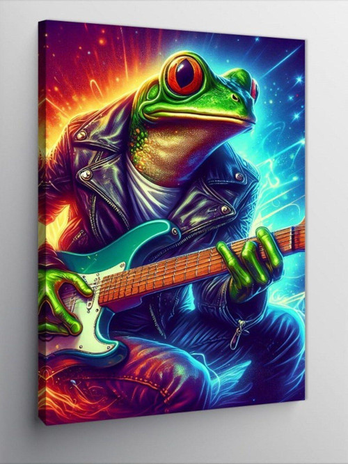 Kanvas Tablo Elektro Gitar Çalan Kurbağa