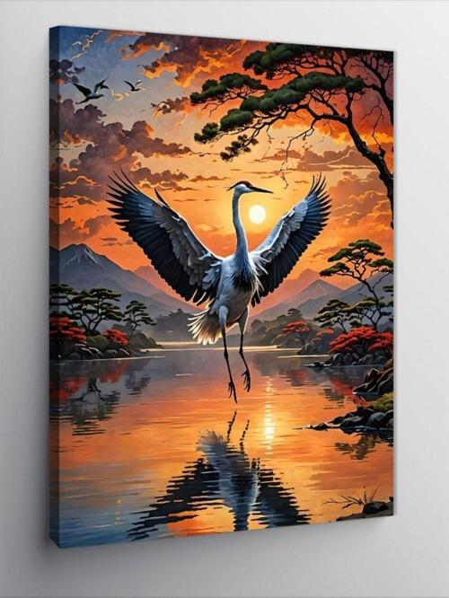 Kanvas Tablo Gün Batımındaki Göl Ve Leylek