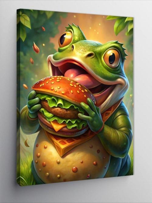 Kanvas Tablo Hamburger Yiyen Kurbağa