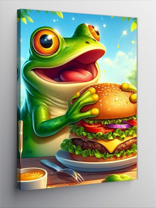Kanvas Tablo Hamburger Yiyen Kurbağa