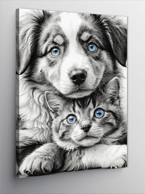 Kanvas Tablo Sarılan Köpek Ve Kedi