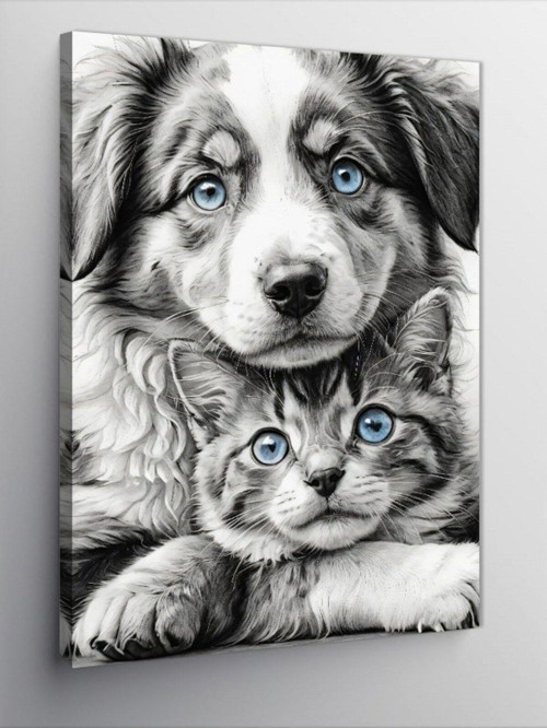 Kanvas Tablo Sarılan Köpek Ve Kedi