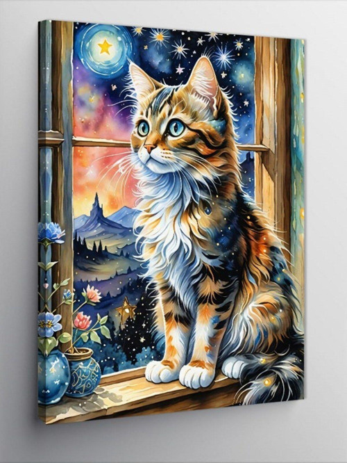 Kanvas Tablo Pencere Kenarındaki Kedi Ve Manzara