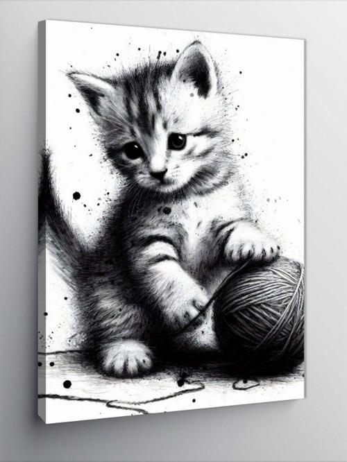 Kanvas Tablo İple Oynayan Kedi