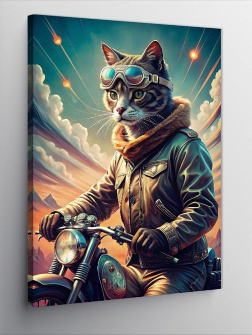 Kanvas Tablo Motosiklet Kullanan Retro Kedi