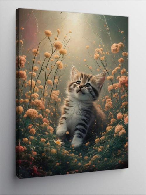 Kanvas Tablo Yavru Kedi Ve Çiçekler