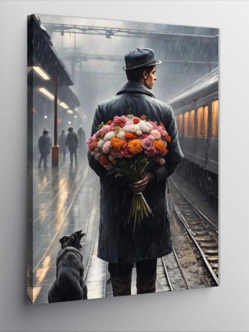 Kanvas Tablo Tren İstasyonudaki Çiçekli Adam