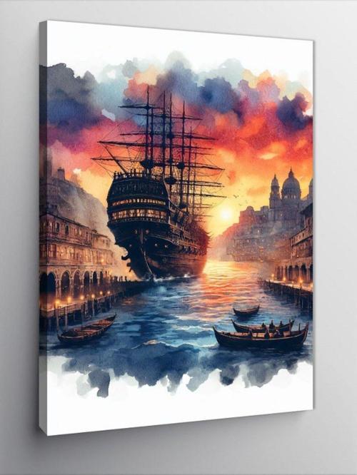 Kanvas Tablo İskeledeki Büyük Gemi Ve Kayıklar