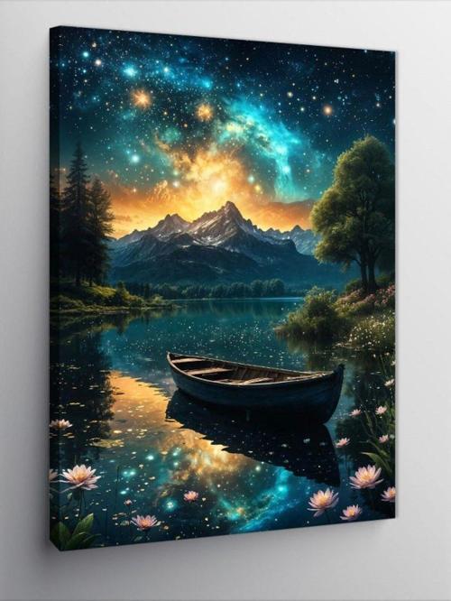 Kanvas Tablo Göldeki Kayık Ve Büyüleyici Gökyüzü