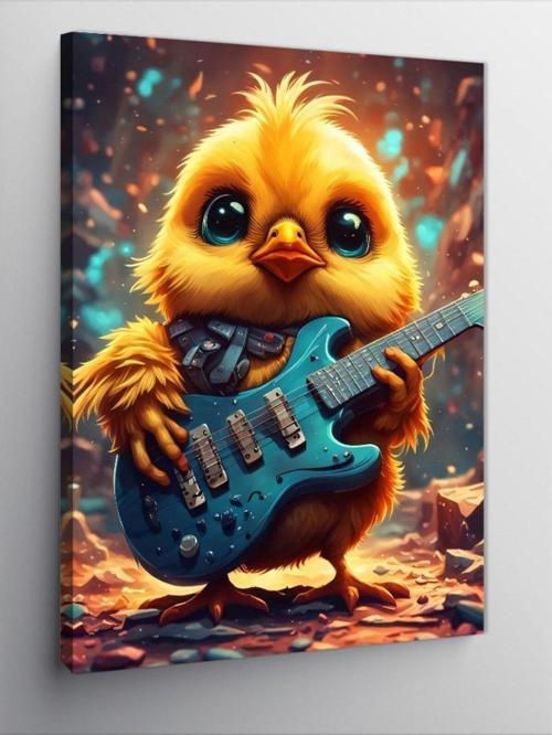 Kanvas Tablo Elektro Gitar Çalan Civciv