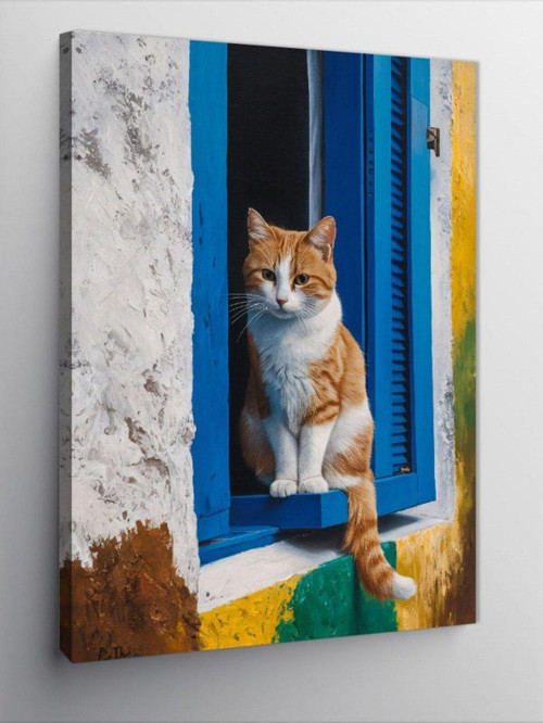 Kanvas Tablo Mavi Penceredeki Kedi