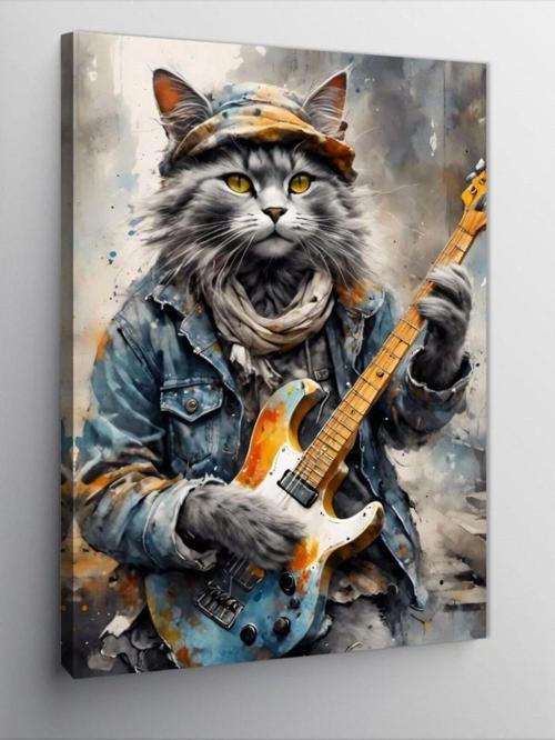Kanvas Tablo Elektro Gitar Çalan Kedi