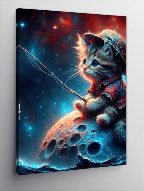 Kanvas Tablo Ayın Üzerindeki Oltalı Kedi