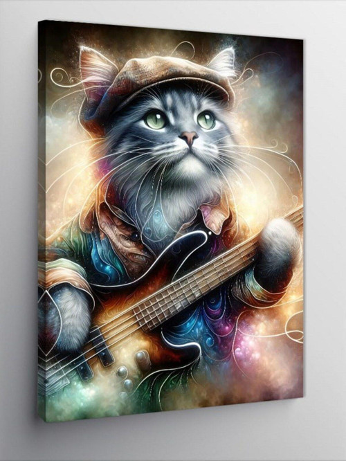 Kanvas Tablo Bas Gitar Çalan Kedi