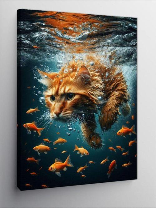 Kanvas Tablo Akvaryumdaki Kedi