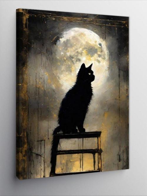 Kanvas Tablo Ay Işığında Kedi Silüeti