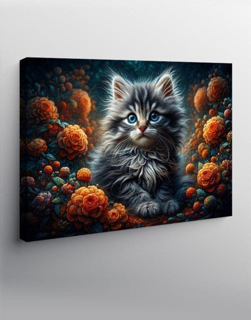Kanvas Tablo Turuncu Çiçekler Ve Kedi