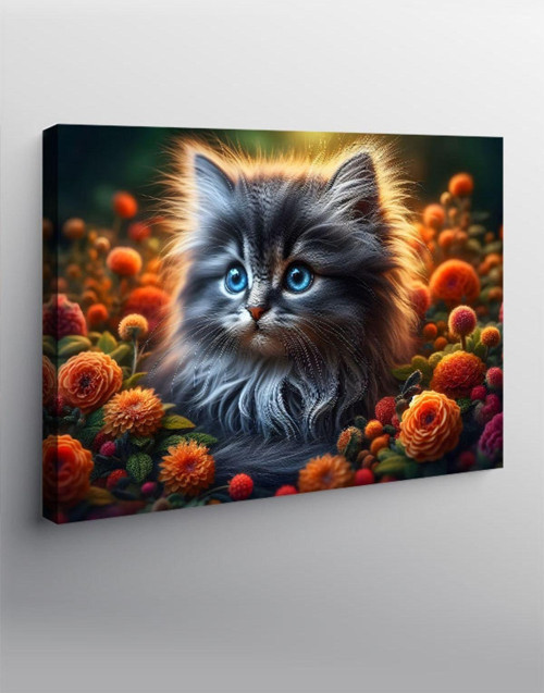 Kanvas Tablo Yavru Kedi Ve Çiçekler