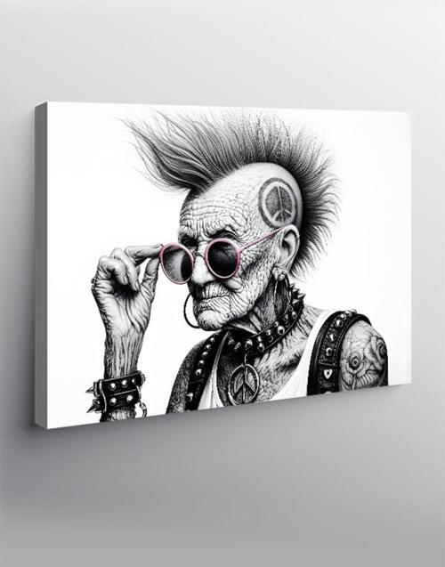 Kanvas Tablo Punk Dinleyen Yaşlı Kadın