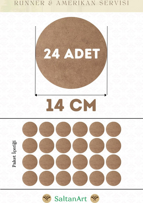 14 cm Çap 24 Adet Supla Amerikan Servis Runner MDF Duralit Magnet Altı Ahşap 3 mm (2,7 mm) Kalınlık