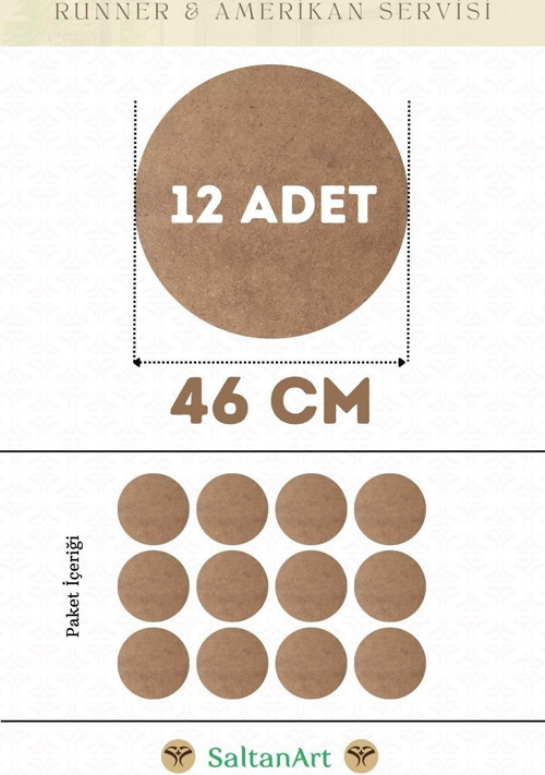46 cm Çap 12 Adet Supla Amerikan Servis Runner MDF Duralit Magnet Altı Ahşap 3 mm (2,7 mm) Kalınlık