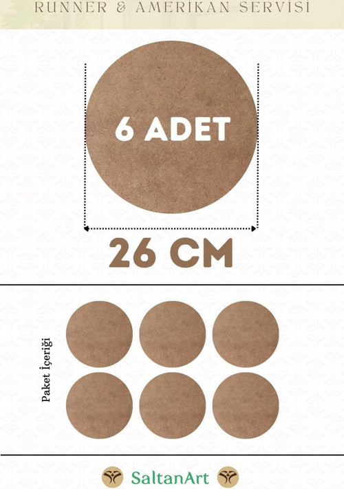 26 cm Çap 6 Adet Supla Amerikan Servis Runner MDF Duralit Magnet Altı Ahşap 3 mm (2,7 mm) Kalınlık