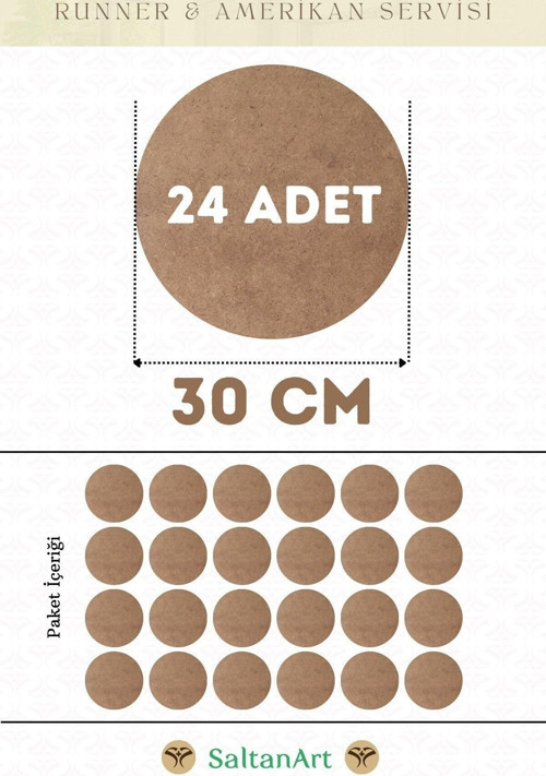 30 cm Çap 24 Adet Supla Amerikan Servis Runner MDF Duralit Magnet Altı Ahşap 3 mm (2,7 mm) Kalınlık