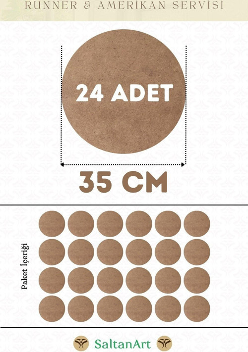 35 cm Çap 24 Adet Supla Amerikan Servis Runner MDF Duralit Magnet Altı Ahşap 3 mm (2,7 mm) Kalınlık