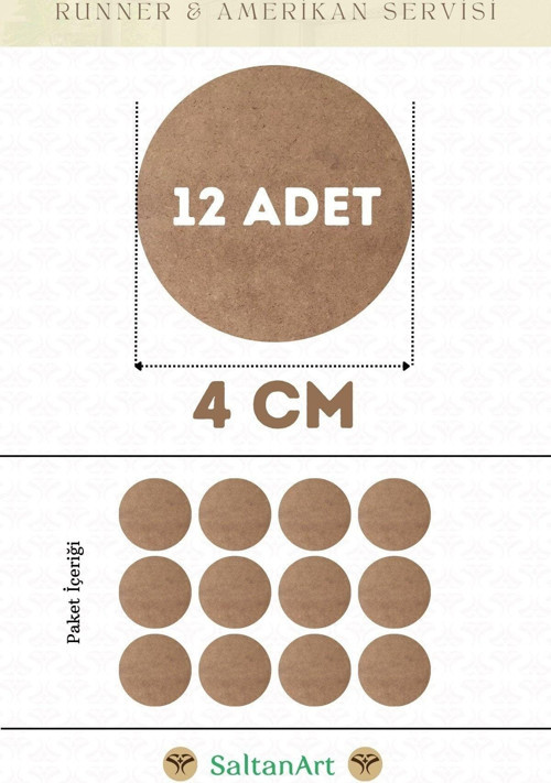 4 cm Çap 12 Adet Supla Amerikan Servis Runner MDF Duralit Magnet Altı Ahşap 3 mm (2,7 mm) Kalınlık