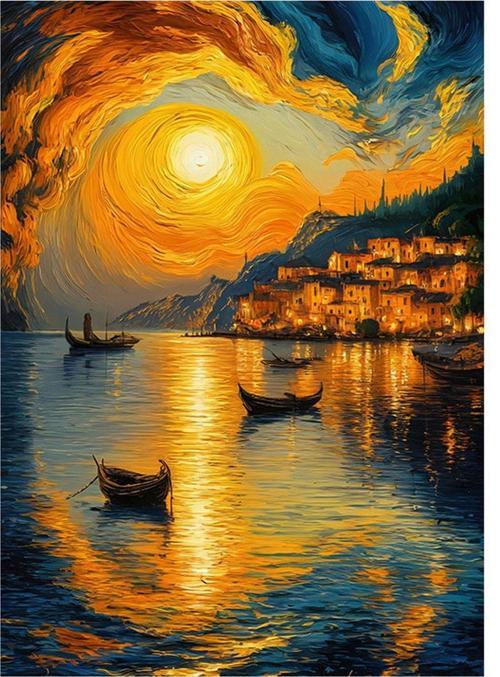 gün batımı sahil kasabası ve kayıklar Model Mdf tablo 50 cm x 70 cm