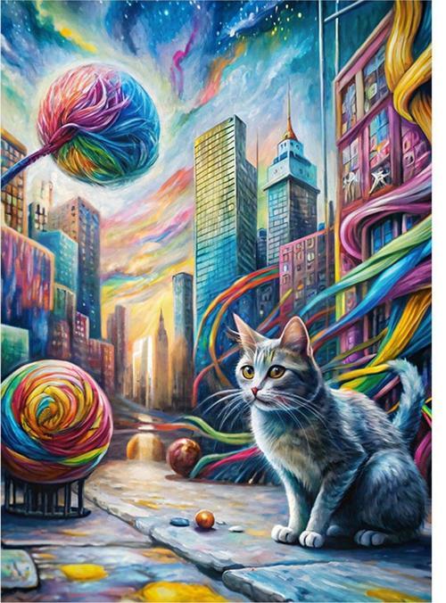 renkli ipler ve kedi dünyası Art Mdf Tablo 35 cm x 50 cm