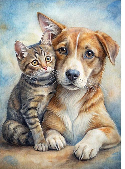 Kedi ve Köpek dostluğu Tasarım Mdf Tablo 50 cm x 70 cm