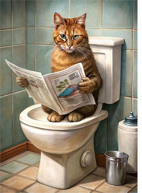 Tuvalette Gazete Okuyan Sevimli Kedi Dekoratif Mdf Tablo 50 cm x 70 cm