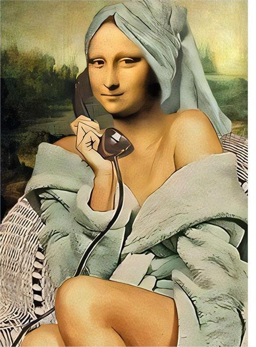 Duştan Çıkan Telefonlu Mona Lisa Art Mdf Tablo 35 cm x 50 cm
