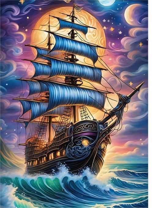 Ay Işığında Yelkenli Gemi Tasarım Mdf Tablo 35 cm x 50 cm