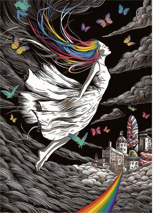 Renkli Hayaller Dünyası Ve Kız Art Mdf Poster 50 cm x 70 cm