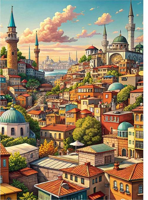 İstanbul Manzaralı Şehir Desenli Mdf Tablo 50 cm x 70 cm