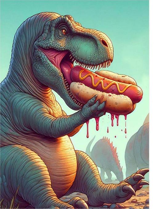 Hotdog Yiyen Sevimli Dinazor Art Mdf Tablo 35 cm x 50 cm