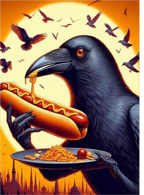 Hotdog Yiyen Karga Art Mdf Poster 35 cm x 50 cm