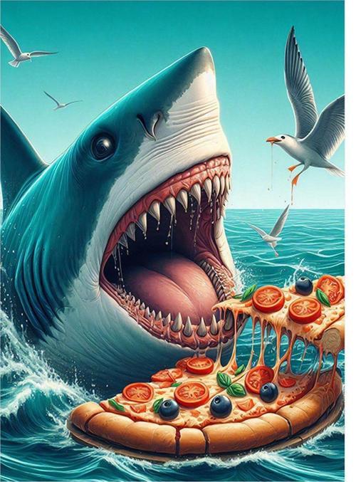 Pizza Yiyen Köpek Balığı Tasarım Mdf Tablo 50 cm x 70 cm