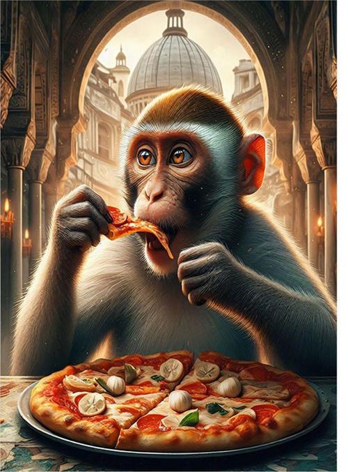 Pizza Yiyen Maymun Desenli Mdf Tablo 35 cm x 50 cm