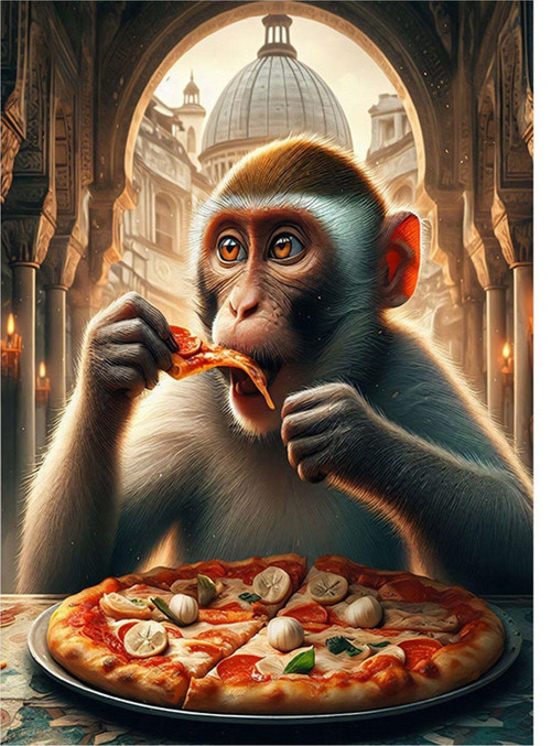 Pizza Yiyen Maymun Desenli Mdf Tablo 50 cm x 70 cm