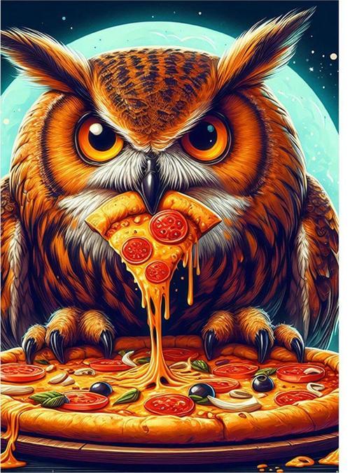 Pizza Yiyen Baykuş Model Mdf tablo 35 cm x 50 cm