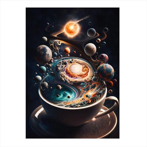 Kahve Fincanı Ve Gezegenler Dekoratif Mdf Tablo 35 cm x 50 cm