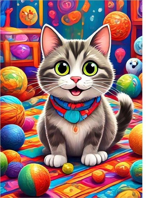 Renkli Toplar Ve Kedi Art Mdf Tablo 50 cm x 70 cm