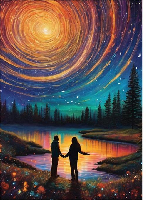 Yıldızlar Ve Aşık Çift Art Mdf Tablo 50 cm x 70 cm